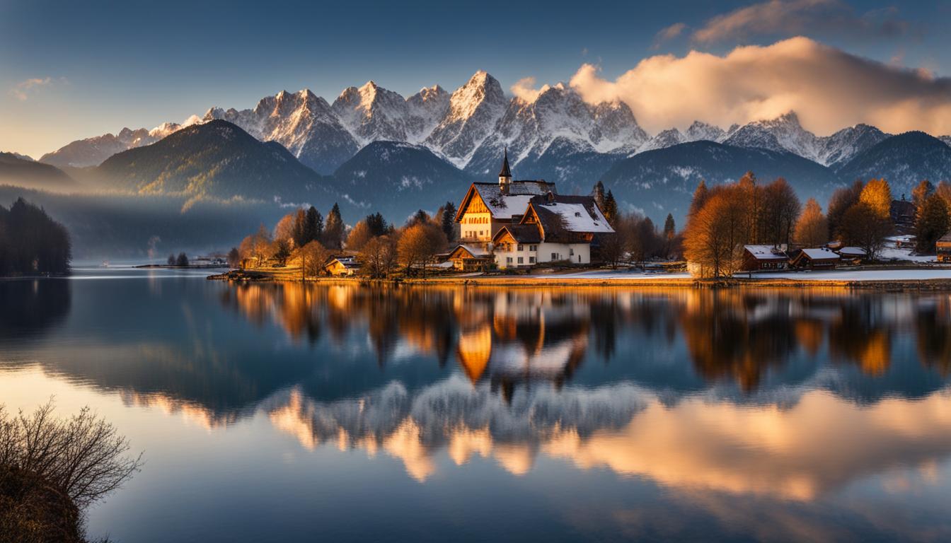Ein atemberaubender Blick auf die bayerischen Alpen, mit einem ruhigen See im Vordergrund und schneebedeckten Gipfeln im Hintergrund. Das goldene Licht des Sonnenuntergangs beleuchtet die Szene, wirft lange Schatten und verleiht dem Bild Wärme. Die Reflexion der Berge und Wolken in dem kristallklaren See erzeugt einen beeindruckenden Spiegeleffekt. In der Ferne ist zwischen den Bäumen ein traditionelles bayerisches Dorf zu erkennen. (AI generiert)