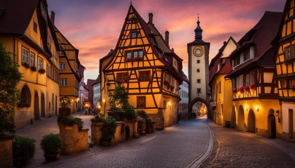 Halten Sie die Schönheit der mittelalterlichen Stadt Rothenburg ob der Tauber mit ihren Fachwerkhäusern und Kopfsteinpflasterstraßen sowie dem berühmten Plönlein und dem Kobolzeller Turm fest. Heben Sie den Charme der Stadt hervor, indem Sie die einzigartige Architektur und die malerischen Ecken einfangen, in denen Fotografen beeindruckende Aufnahmen machen können. Zeigen Sie, wie Fotografen mit Licht, Schatten und Blickwinkeln spielen können, um künstlerische Fotos zu schaffen, die den Charme der Stadt unterstreichen. (AI-generiert)