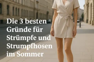 Frau in beiger Strumpfhose im Sommer-Outfit auf sonnigem Gehweg in der Stadt