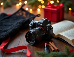 Weihnachtliches Flatlay mit Canon Kamera, schwarzer Spitzen-Lingerie, rotem Lippenstift, Fotobuch und Zimtstangen vor funkelndem Weihnachtsbaum – Hero-Bild für die 25 besten Geschenkideen 2025 für Fotografen und Frauen, die sinnlich fotografiert werden wollen